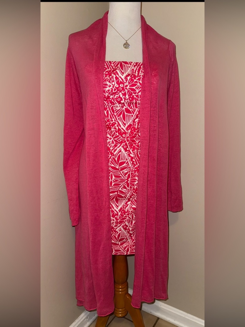 NWT DKNY 100% Linen Fushia Pink Waterfall Open front Lagenlook Cardigan,Size-M/L